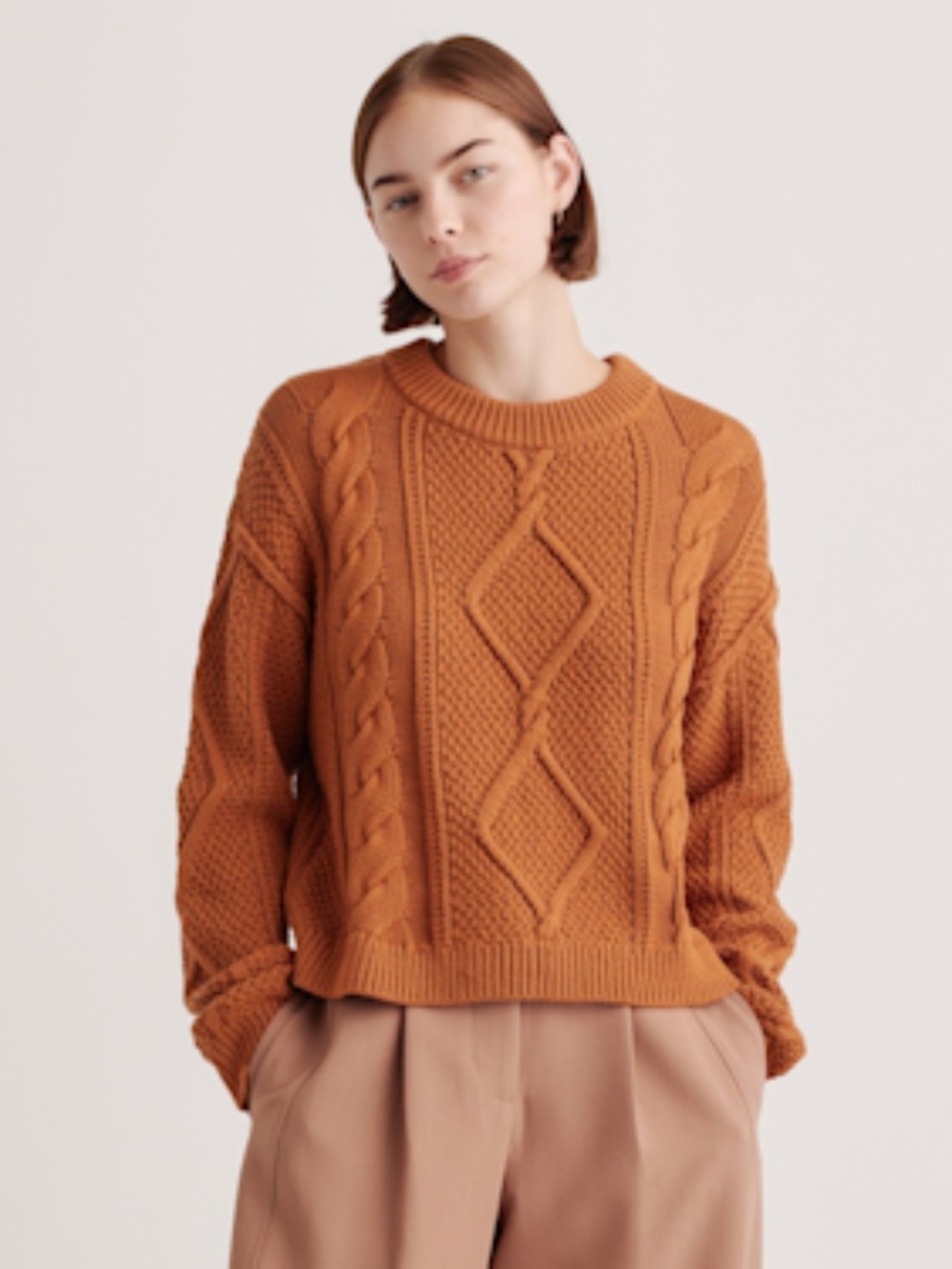 Quince 100% Organic Cotton Cropped Cable Crew Sweater in Ginger - Medium
